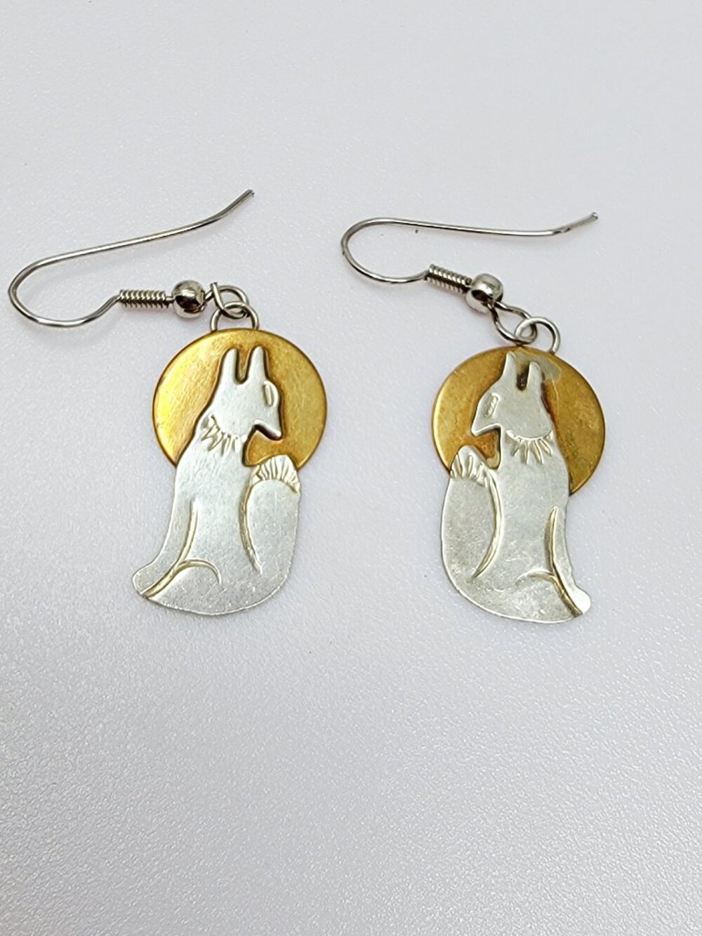 Two Tone Howling Wolf Moon Dangle Earrings